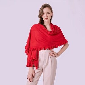 Cashmere Scarf Wrap Red Knit Ruffle Edge Trim Holiday Soft HOLES REPAIRS 88"x26"